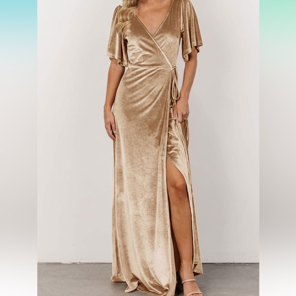 MEROKEETY Women's V Neck Wrap Velvet Maxi Dress Bell Sleeve Split  Dress